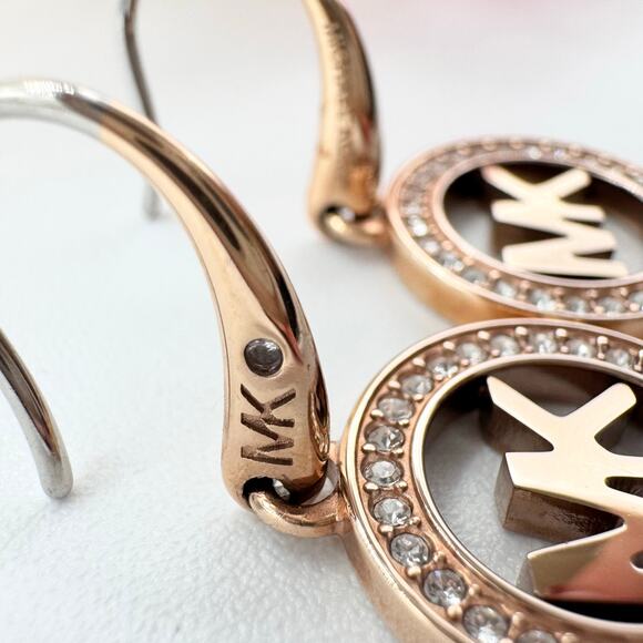 Michael Kors Rose Gold Tone Pavé Crystal MK Logo Dangle Earrings Designer Modern - Picture 8 of 14